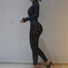 Women Autumn Biker Style Two Piece Set Hollow Out Long Sleeve Turtleneck Top+Solid Sheath Stretchy Waist Female Pants