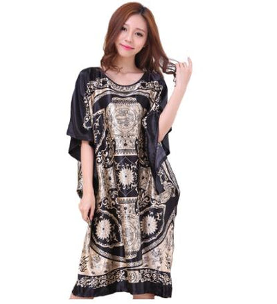 Women's Novelty Print Black Satin Nightgown Plus Size 6XL
