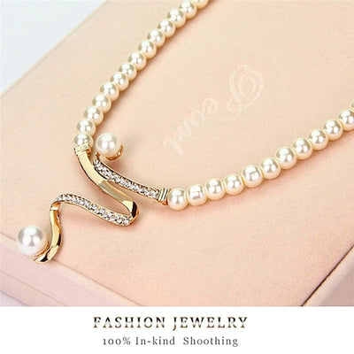 Women Pearl Rhinestone Necklace Earrings Jewelry Set - Goods Direct