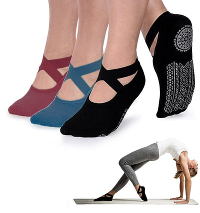 Yoga Socks for Women Non-Slip Grips &amp; Straps, Bandage Cotton Sock, Ideal for Pilates Pure Barre Ballet Dance Barefoot Workout - Goods Direct