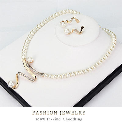 Women Pearl Rhinestone Necklace Earrings Jewelry Set - Goods Direct