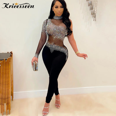 Kricesseen Sexy Black Crystal Diamond Skinny Long Pant Jumpsuit Women One Sleeve See Through Romper Clubwear Fitness Outfits