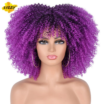 LIZZY Short Afro Kinky Synthetic Glueless Curly Wig With Bangs