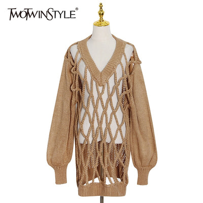 TWOTWINSTYLE Sexy White Hollow Out Knitted Tops For Women