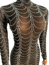 Black Mesh Sparkly Silver Rhinestones Transparent Dress  Women Evening Birthday Celebrate Dance Costume Show Outfit Wear
