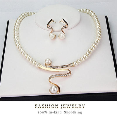 Women Pearl Rhinestone Necklace Earrings Jewelry Set - Goods Direct
