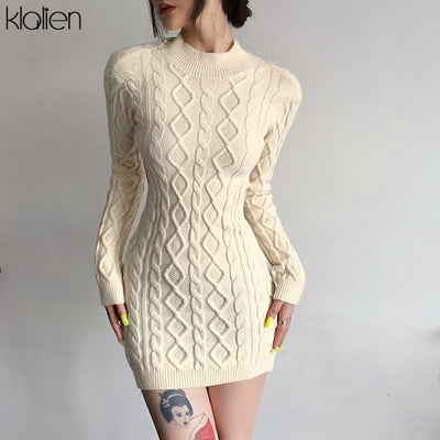 KLALIEN Simple Solid Long Sleeve Turtleneck Sweater Dress Autumn New Women Warm Streetwear Slim Stretch Mini Bodycon Dresses