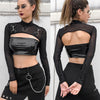 Kayotuas Women Sexy Gothic Lady Micro Short Metal Chain Lace See-through Mesh Long Sleeve Turtleneck Hot Tops