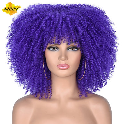 LIZZY Short Afro Kinky Synthetic Glueless Curly Wig With Bangs