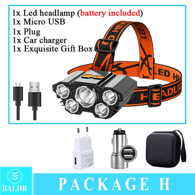 USB Rechargeable Headlamp Portable 5LED Headlight Built in Battery Torch Portable Working Light Fishing Camping Head Light - Goods Direct
