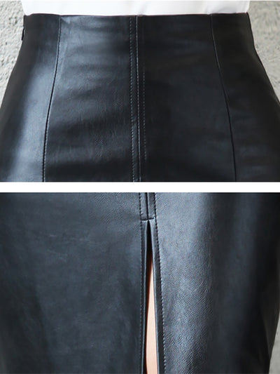 Aachoae Black PU Leather Women Split Skirt