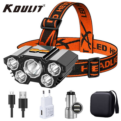 USB Rechargeable Headlamp Portable 5LED Headlight Built in Battery Torch Portable Working Light Fishing Camping Head Light - Goods Direct