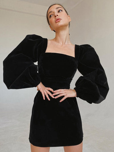 Elegant Velvet Puff Sleeve Evening Party Dress