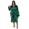 Elegant Plus Size Women Satin Ruched Long Sleeve Lace Up Dress