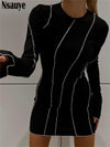 Nsauye Sexy Club Ribber Knitted Y2K Mini Bodycon Party Women Dress Autumn Striped O Neck Long Sleeve Fashion Dress 2022