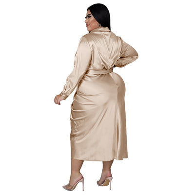 Elegant Plus Size Women Satin Ruched Long Sleeve Lace Up Dress